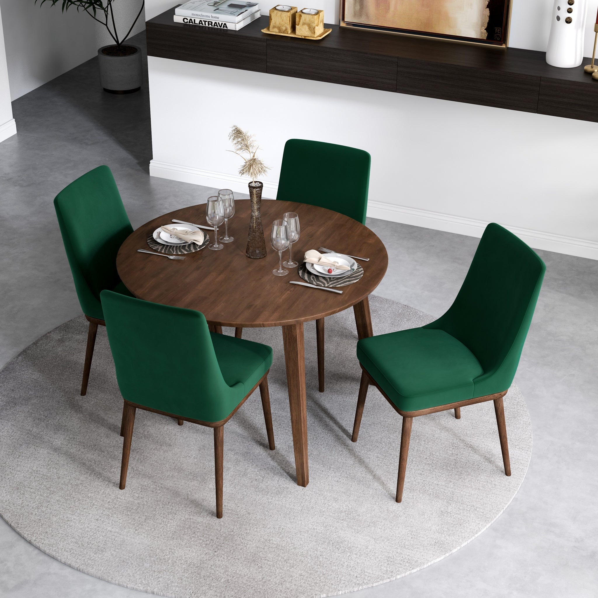Palmer (Walnut) Dining Set with 4 Brighton (Green Velvet) Dining Chairs