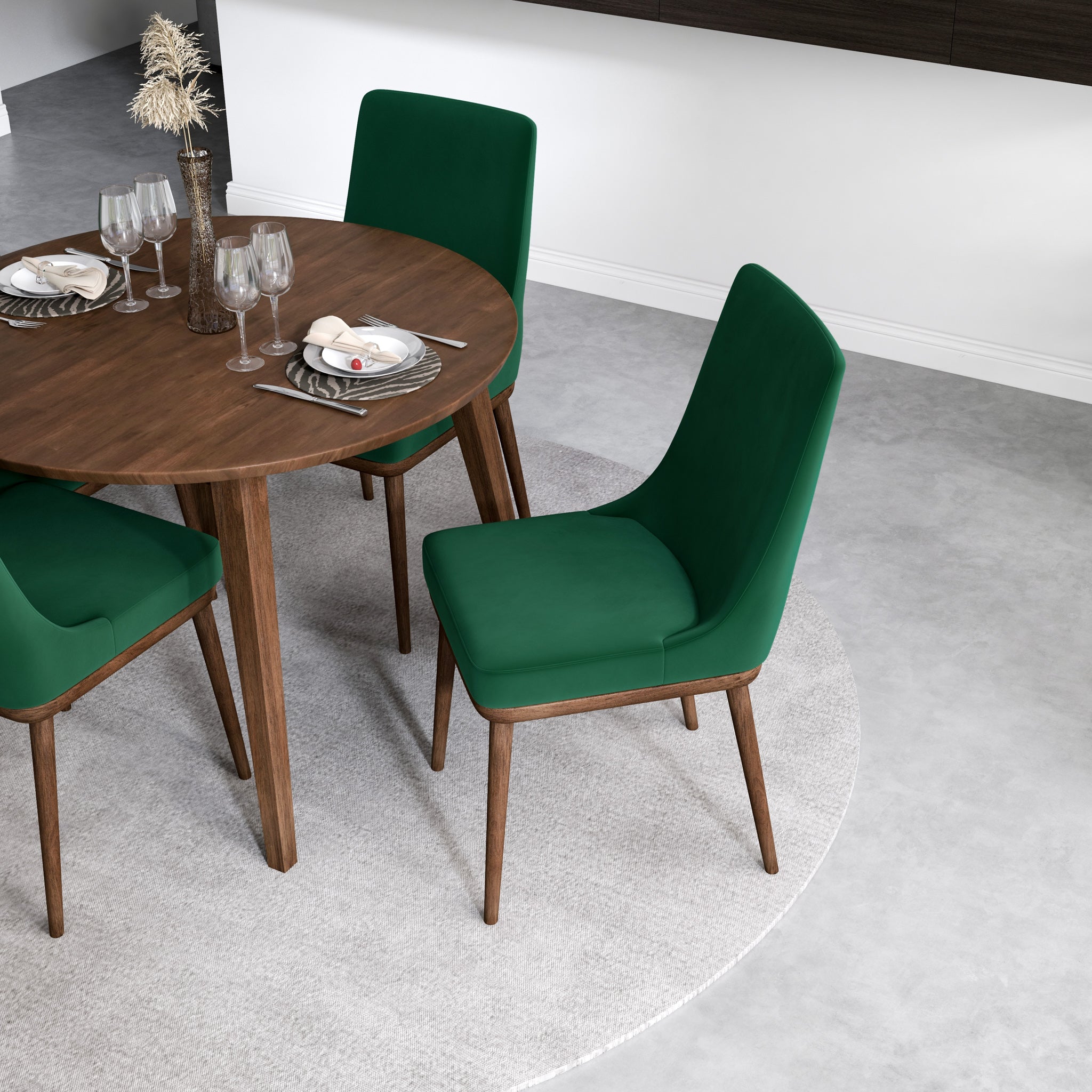 Palmer (Walnut) Dining Set with 4 Brighton (Green Velvet) Dining Chairs