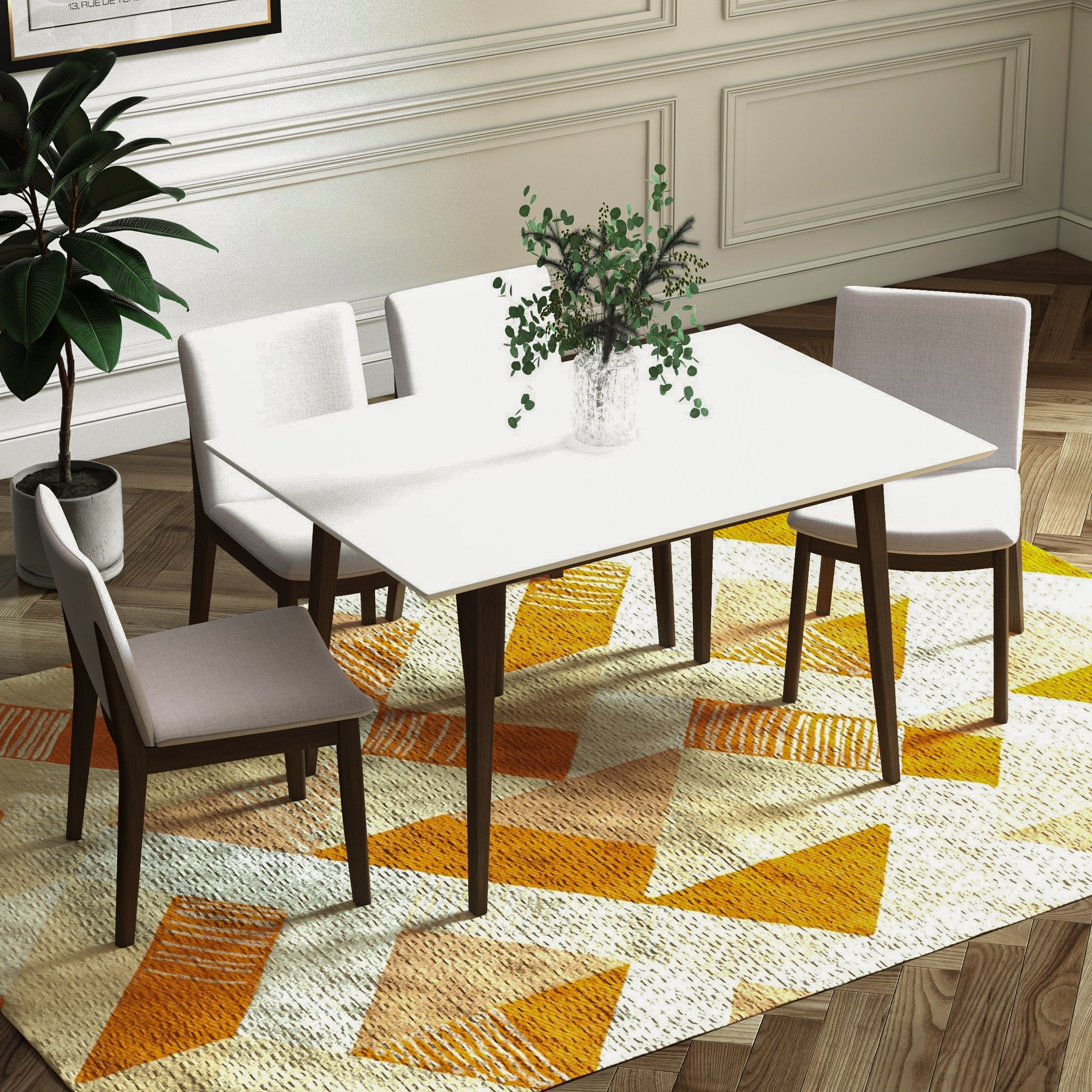 Adira (Small - White) Dining Set with 4 Virginia (Beige) Dining Chairs