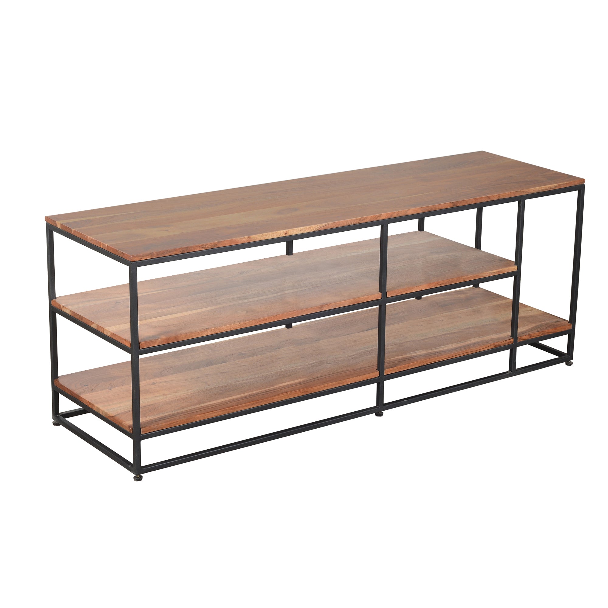 3 Tier Metal Framed Entertainment Unit with Wooden Shelves, Brown and Black