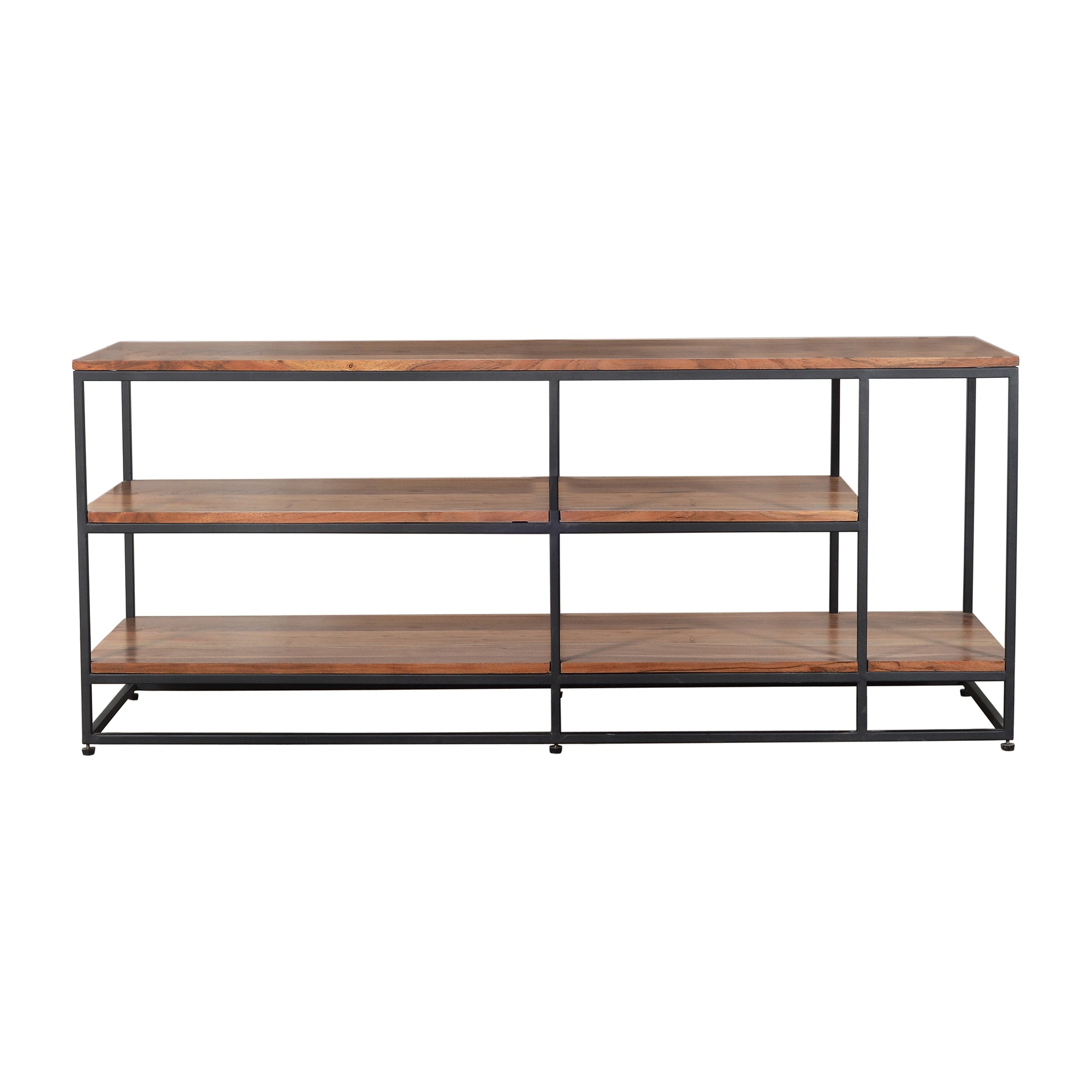 3 Tier Metal Framed Entertainment Unit with Wooden Shelves, Brown and Black