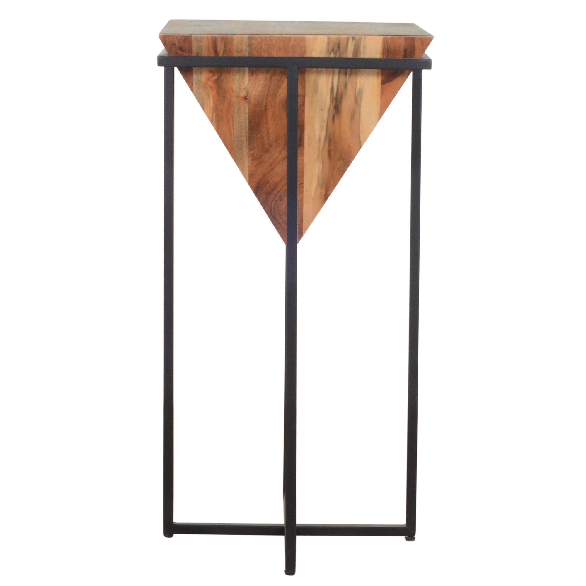 30 Inch Pyramid Shape Wooden Side Table With Cross Metal Base, Brown and Black