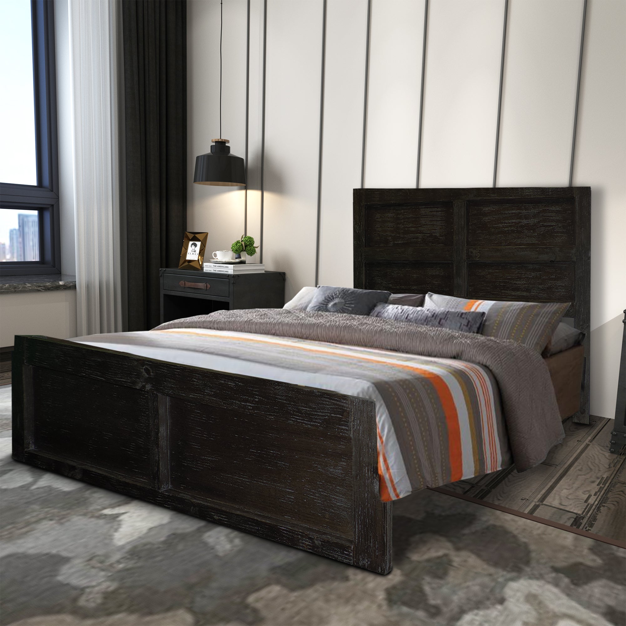 Wooden Queen Bed with Panel Headboard and Grain Details, Rustic Brown