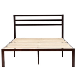 Queen Size Steel Platform Bed Frame with Headboard in Dark Brown Finish