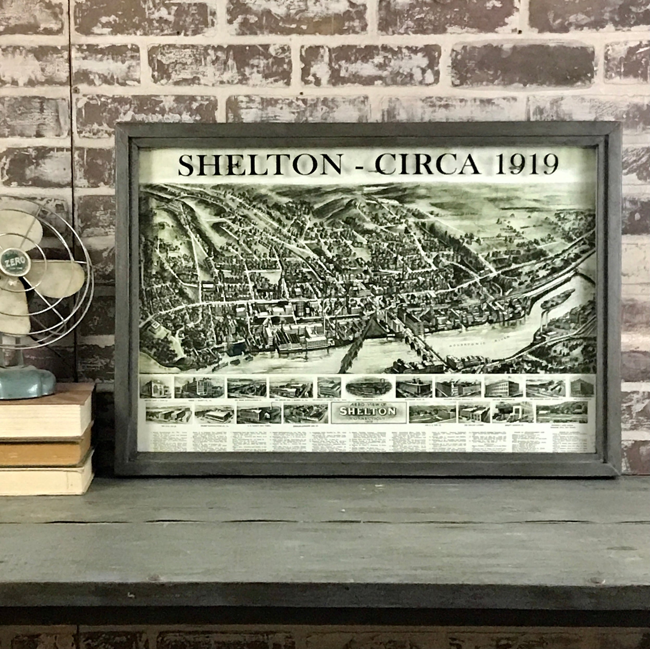 Vintage Shelton Map Reproduction Circa 1919 Framed Gray Waxed Shadowbox - 25-in