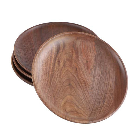 Wood Dinner Plates set (4pcs), Round Walnut Solid Plates, Stackable Dinner Plates set,Natural tableware dining for Dishes Snack, Dessert-set of 4