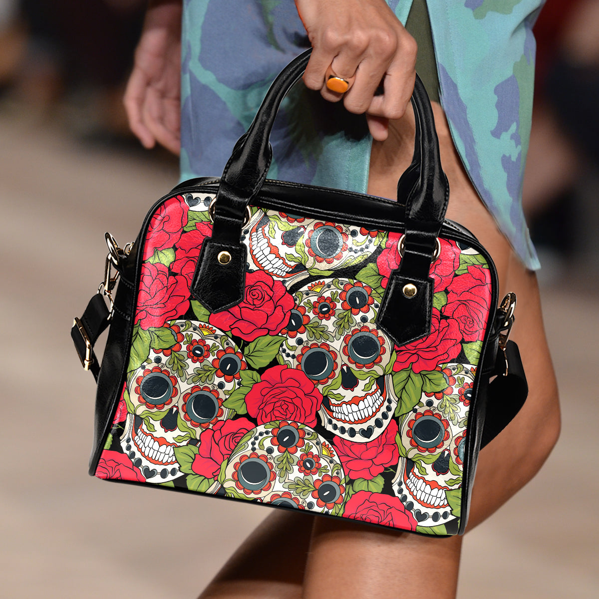 Rose Sugar Skull Shoulder Handbag