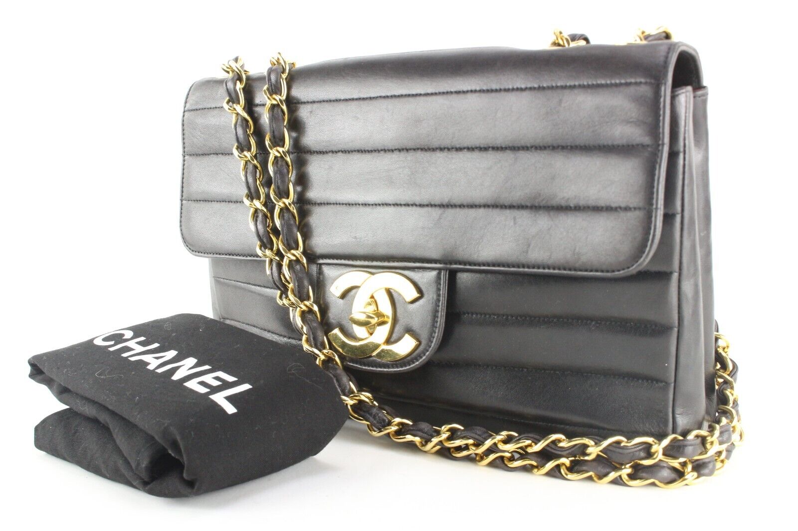 Chanel Rare Horizontal Quilted Black XL Jumbo Flap 24K Plated GHW 1CK0301