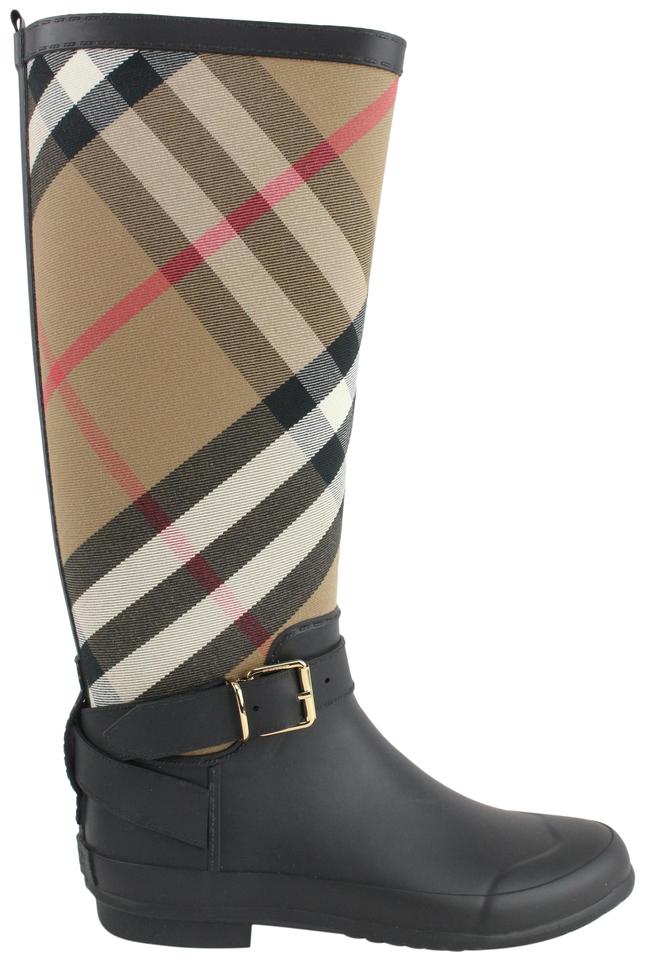 Burberry London 37 Beige Nova BlackStrap Detail House Check Rubber Rain Boot 1216bur13