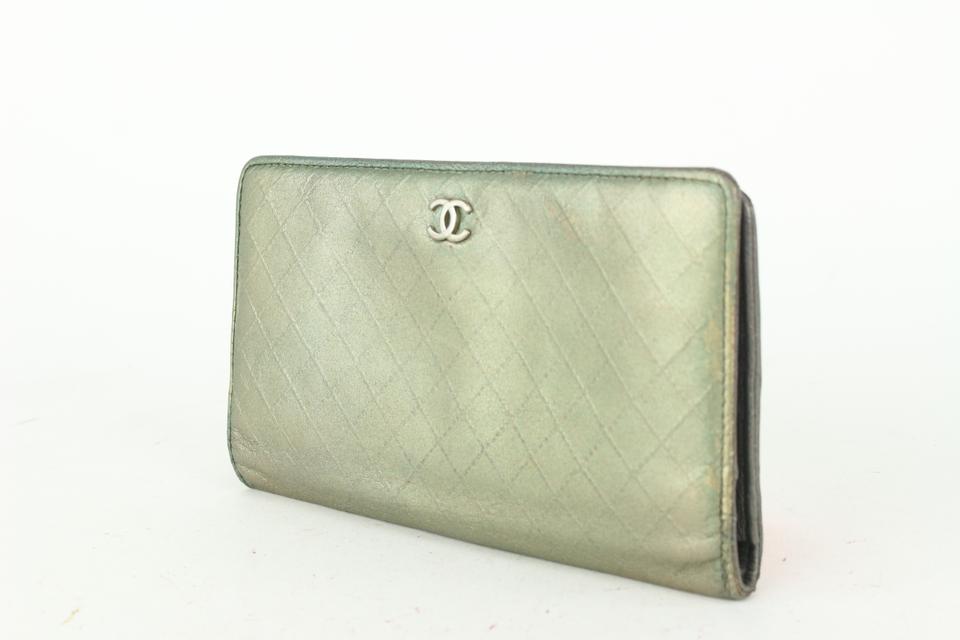 Chanel Quilted Metallic Green Leather Long Bifold Flap Wallet 266ca29