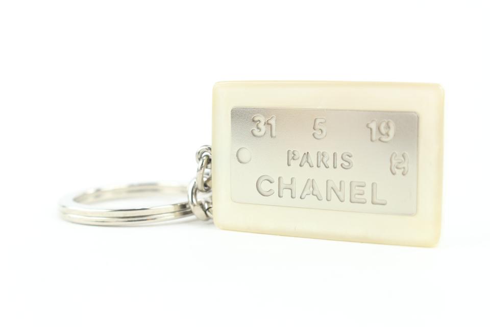 Chanel Rare White x Silver 99a CC Logo Address Plate Keychain Bag Charm 770cc