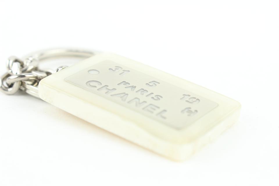 Chanel Rare White x Silver 99a CC Logo Address Plate Keychain Bag Charm 770cc