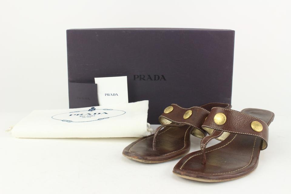 Prada Brown Leather Studded Gladiator Tong Sandal Thong Kitten Mules 1117p1