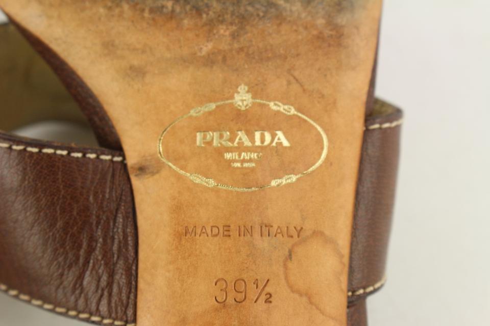 Prada Brown Leather Studded Gladiator Tong Sandal Thong Kitten Mules 1117p1