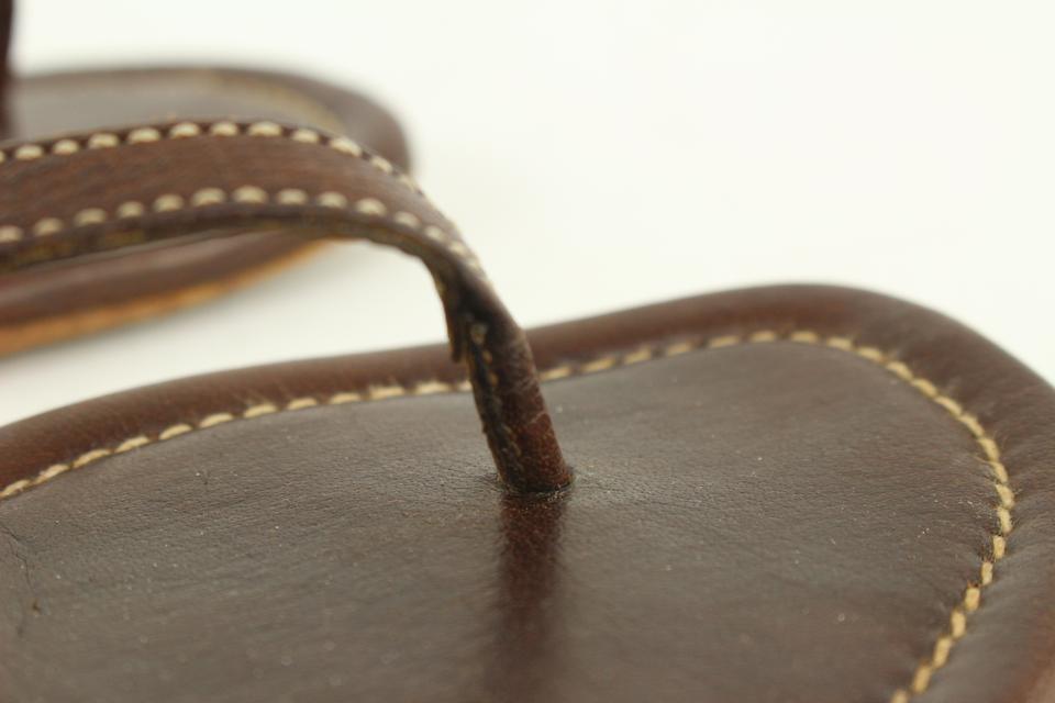 Prada Brown Leather Studded Gladiator Tong Sandal Thong Kitten Mules 1117p1