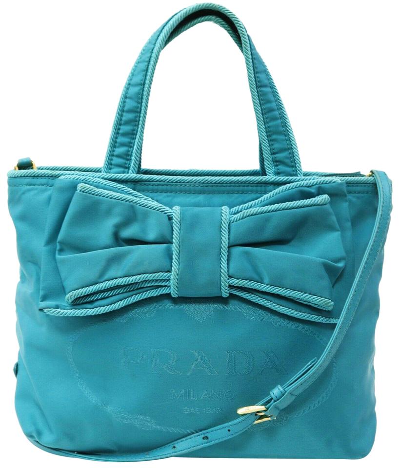 Prada Blue Nylon Tessuto Bow Logo ConvertibleTote Bag 863124