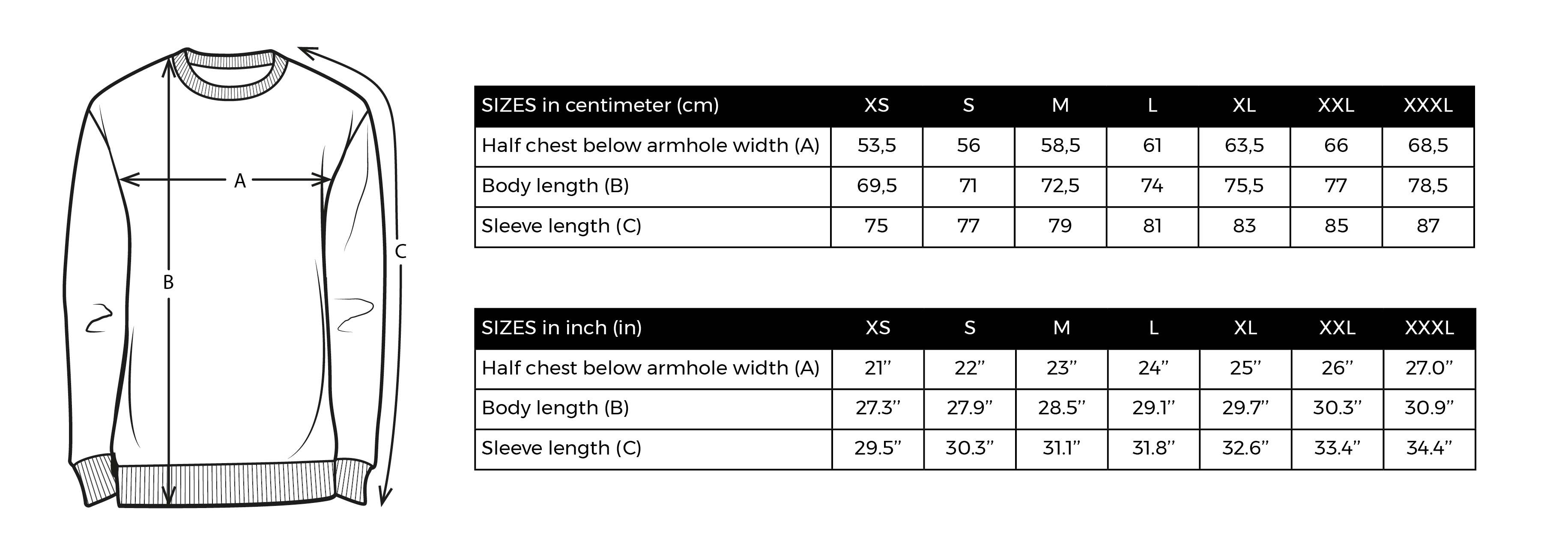 size chart sweat-shirt