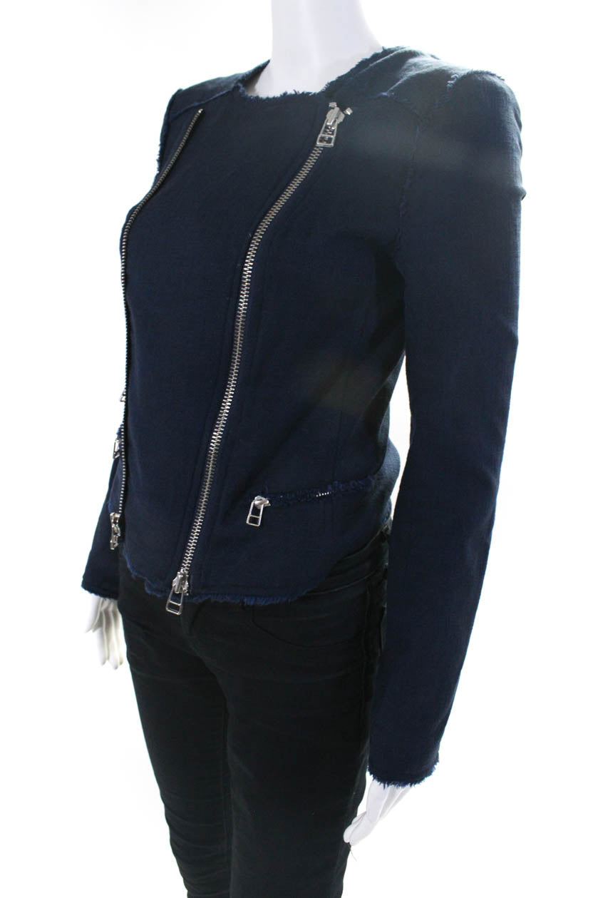Veronica Beard Womens Double Front Zip Crew Neck Fringe Woven Jacket Navy Size 2