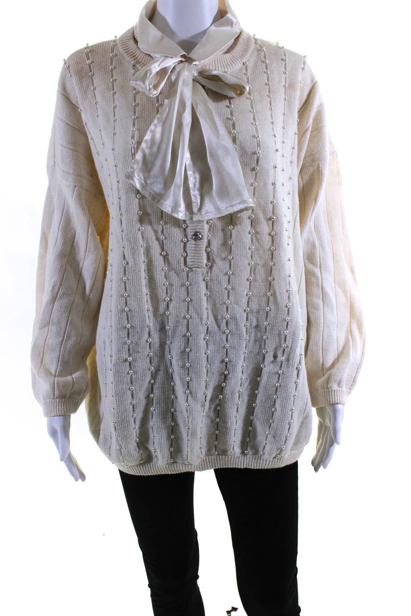 Bonnie Boerer Womens Half Button Satin Collar Beaded Sweater White Size 3X