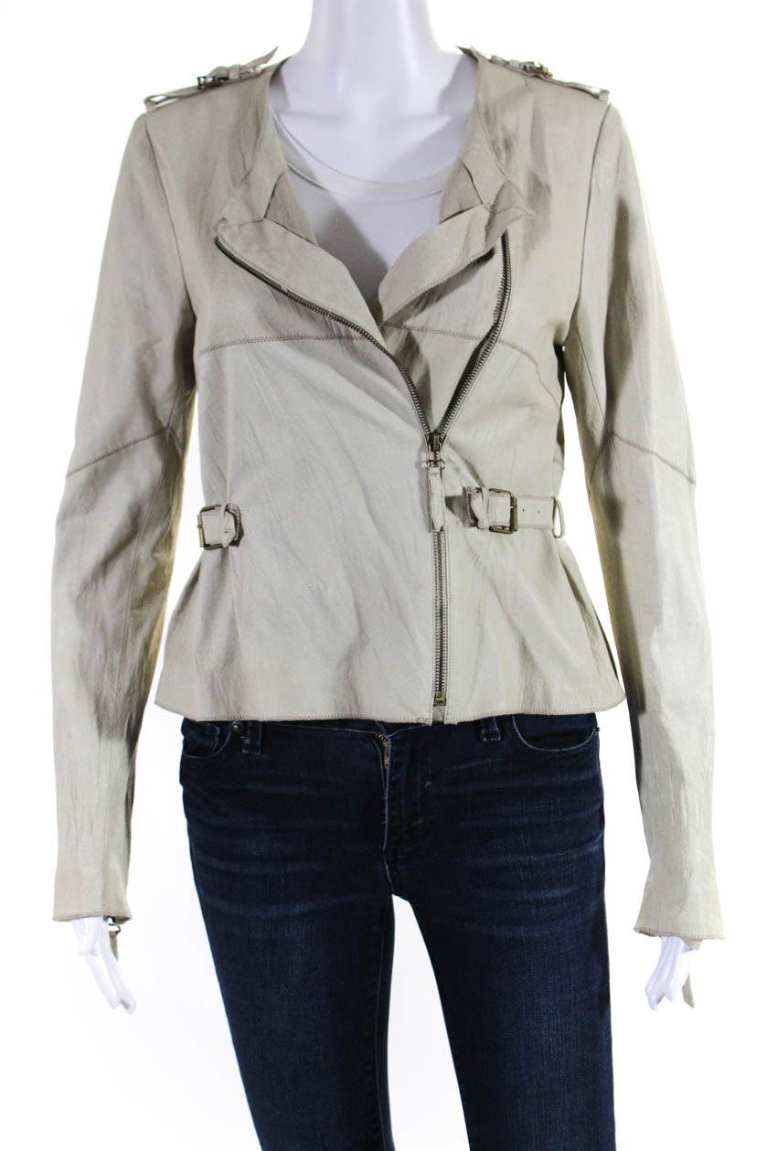 Illia Womens Leather Buckled Waist Full Zip Long Sleeve Jacket Beige Size 2