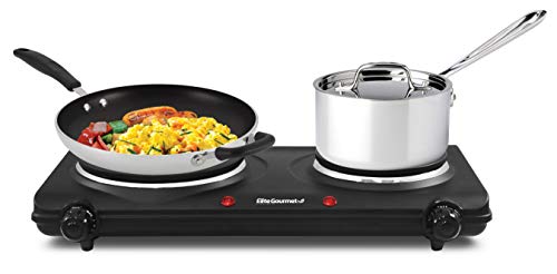 Elite Gourmet EDB-302BF# Countertop Double Cast Iron Burner, 1500 Watts Electric Hot Plate, Temperature Controls, Power Indicator Lights, Easy to Clean, Black