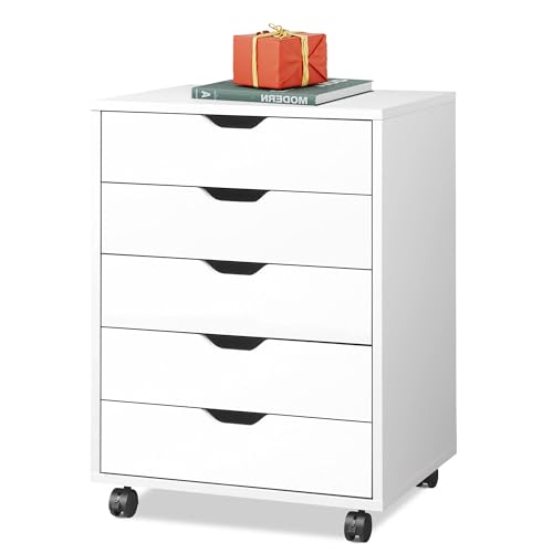 DEVAISE 5-Drawer Chest, Wood Storage Dresser Cabinet with Wheels, White