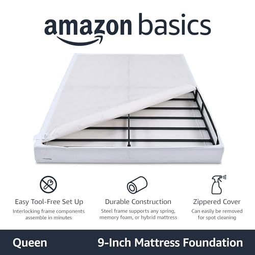 Amazon Basics Smart Box Spring Bed Base, 9 Inch Mattress Foundation, Tool-Free Easy Assembly, Queen, White