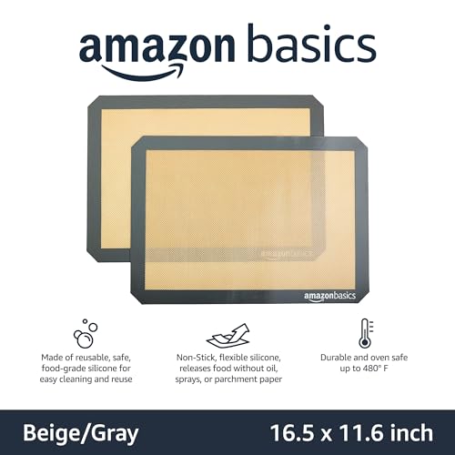 Amazon Basics Silicone, Non-Stick, Food Safe Baking Mat, Pack of 2, New Beige/Gray, Rectangular, 16.5