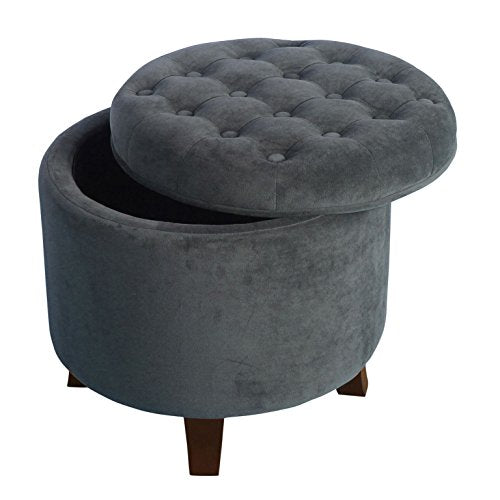 Homepop Home Decor | Upholstered Round Velvet Tufted Foot Rest Ottoman | Ottoman with Storage for Living Room & Bedroom | Decorative Home Furniture, Dark Gray Small