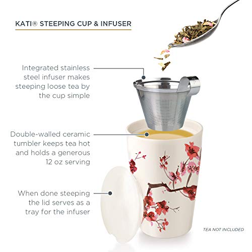 Tea Forte Kati Cup Ceramic Tea Infuser Cup with Infuser Basket and Lid for Steeping, Cherry Blossoms