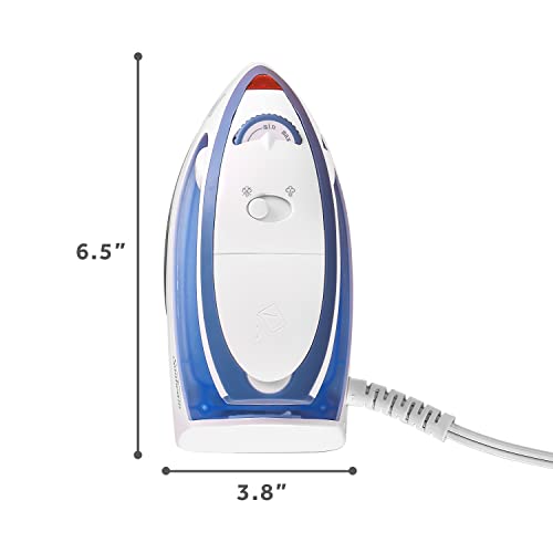 Sunbeam Hot-2-Trot Travel Steam Iron, 800 Watt Dual Voltage 120/240, Compact Size, Portable, Non-Stick Soleplate, Soft Touch Handle, Horizontal or Vertical Use, White and Blue