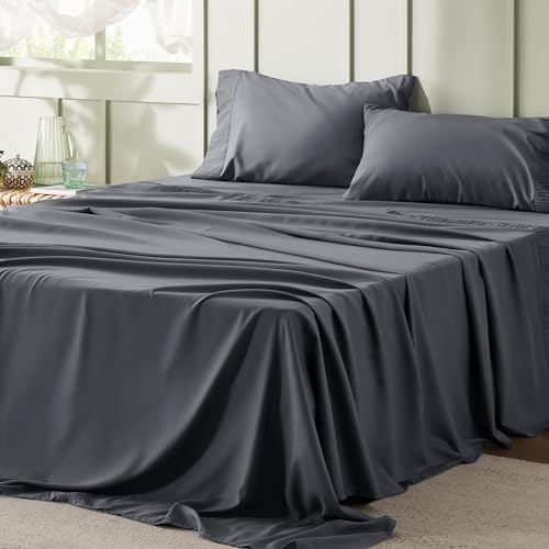 Bedsure Queen Sheets Grey - Soft Sheets for Queen Size Bed, 4 Pieces Hotel Luxury Queen Sheet Set, Easy Care Polyester Microfiber Cooling Bed Sheet Set