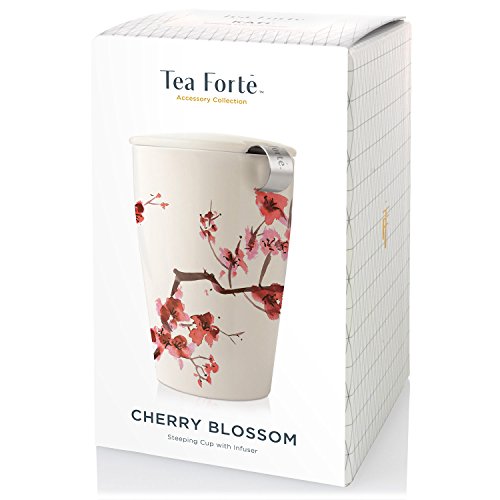 Tea Forte Kati Cup Ceramic Tea Infuser Cup with Infuser Basket and Lid for Steeping, Cherry Blossoms