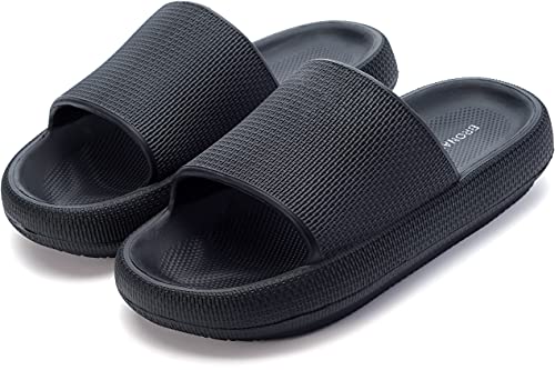 BRONAX House Slides for Women Mens Pillow Slippers House Sandals Shoes for Male Size 10 for Beach Bath Bathroom Comfy Cushion Thick Sole 42-43 Black