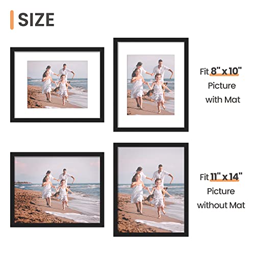 upsimples 11x14 Picture Frame Set of 3, Made of High Definition Glass for 8x10 with Mat or 11x14 Without Mat, Wall and Tabletop Display Photo Frames, Black