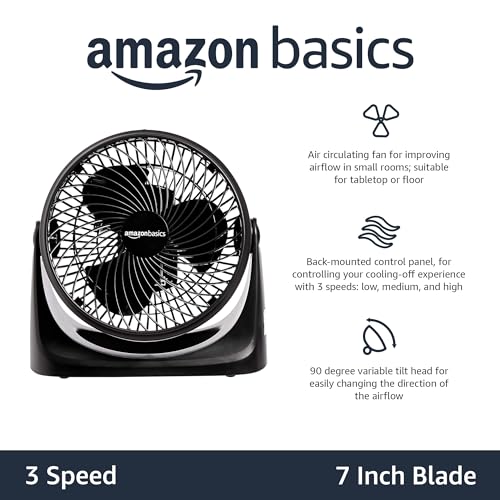 Amazon Basics 3 Speed Small Room Air Circulator Fan, 7-Inch Blade, Black, 6.3