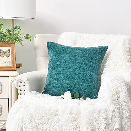 CaliTime Christmas Pack of 2 Cozy Throw Pillow Covers Cases for Couch Sofa Home Decoration Solid Dyed Soft Chenille 18 X 18 Inches Teal