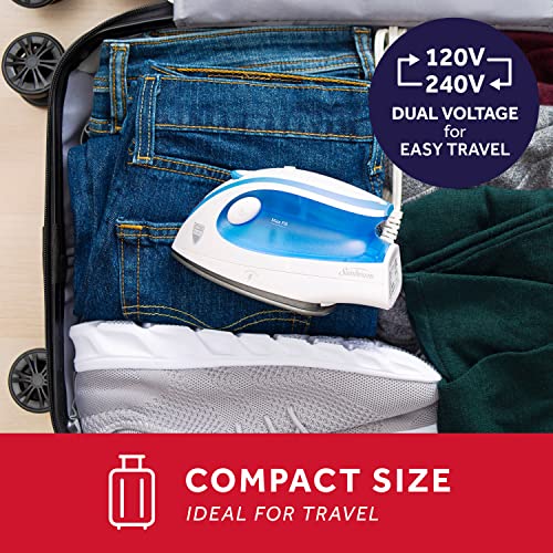 Sunbeam Hot-2-Trot Travel Steam Iron, 800 Watt Dual Voltage 120/240, Compact Size, Portable, Non-Stick Soleplate, Soft Touch Handle, Horizontal or Vertical Use, White and Blue