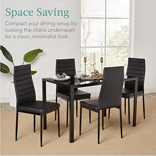 Best Choice Products 5-Piece Glass Dining Set, Modern Kitchen Table Furniture for Dining Room, Dinette, Compact Space-Saving w/Glass Tabletop, 4 Upholstered PU Chairs, Metal Steel Frame - Black