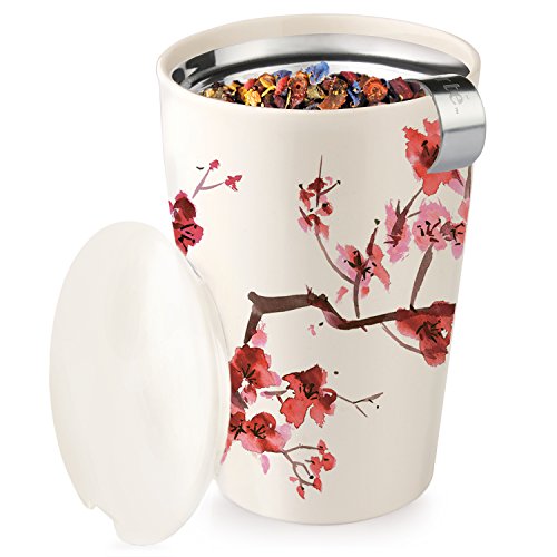 Tea Forte Kati Cup Ceramic Tea Infuser Cup with Infuser Basket and Lid for Steeping, Cherry Blossoms