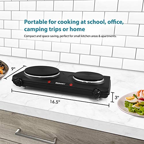 Elite Gourmet EDB-302BF# Countertop Double Cast Iron Burner, 1500 Watts Electric Hot Plate, Temperature Controls, Power Indicator Lights, Easy to Clean, Black