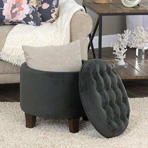 Homepop Home Decor | Upholstered Round Velvet Tufted Foot Rest Ottoman | Ottoman with Storage for Living Room & Bedroom | Decorative Home Furniture, Dark Gray Small