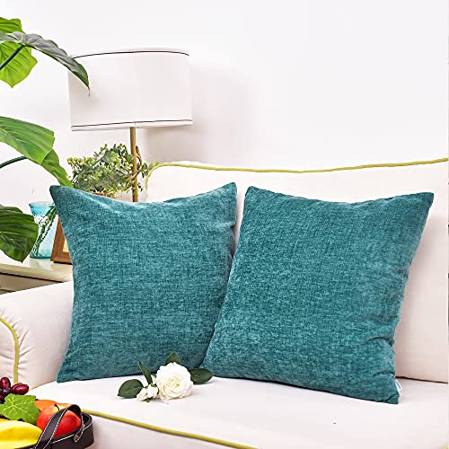 CaliTime Christmas Pack of 2 Cozy Throw Pillow Covers Cases for Couch Sofa Home Decoration Solid Dyed Soft Chenille 18 X 18 Inches Teal