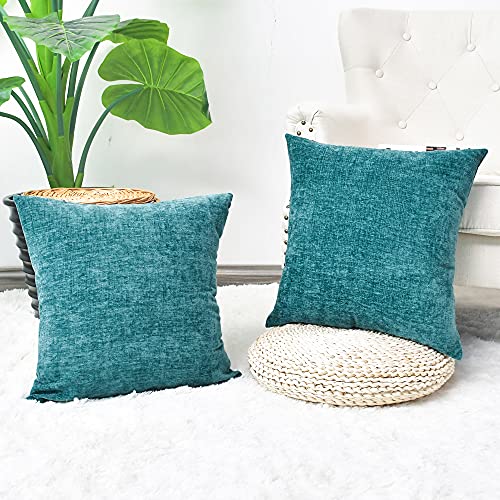 CaliTime Christmas Pack of 2 Cozy Throw Pillow Covers Cases for Couch Sofa Home Decoration Solid Dyed Soft Chenille 18 X 18 Inches Teal