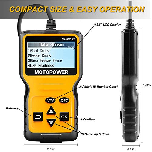 MOTOPOWER MP69033 Car OBD2 Scanner Code Reader Engine Fault Scanner CAN Diagnostic Scan Tool for All OBD II Protocol Cars Since 1996, Yellow