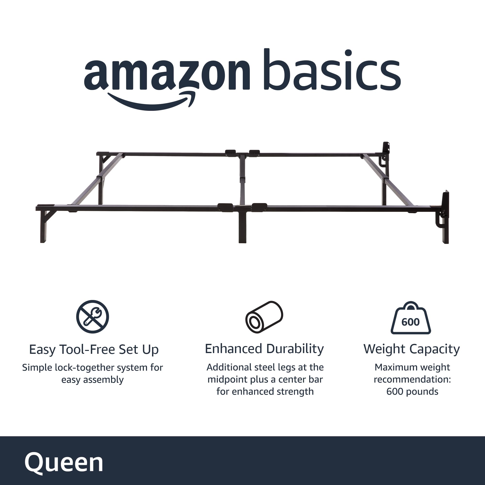 Amazon Basics Metal Bed Frame, 9-Leg Base for Box Spring and Mattress, Queen, Tool-Free Easy Assembly, 79.5