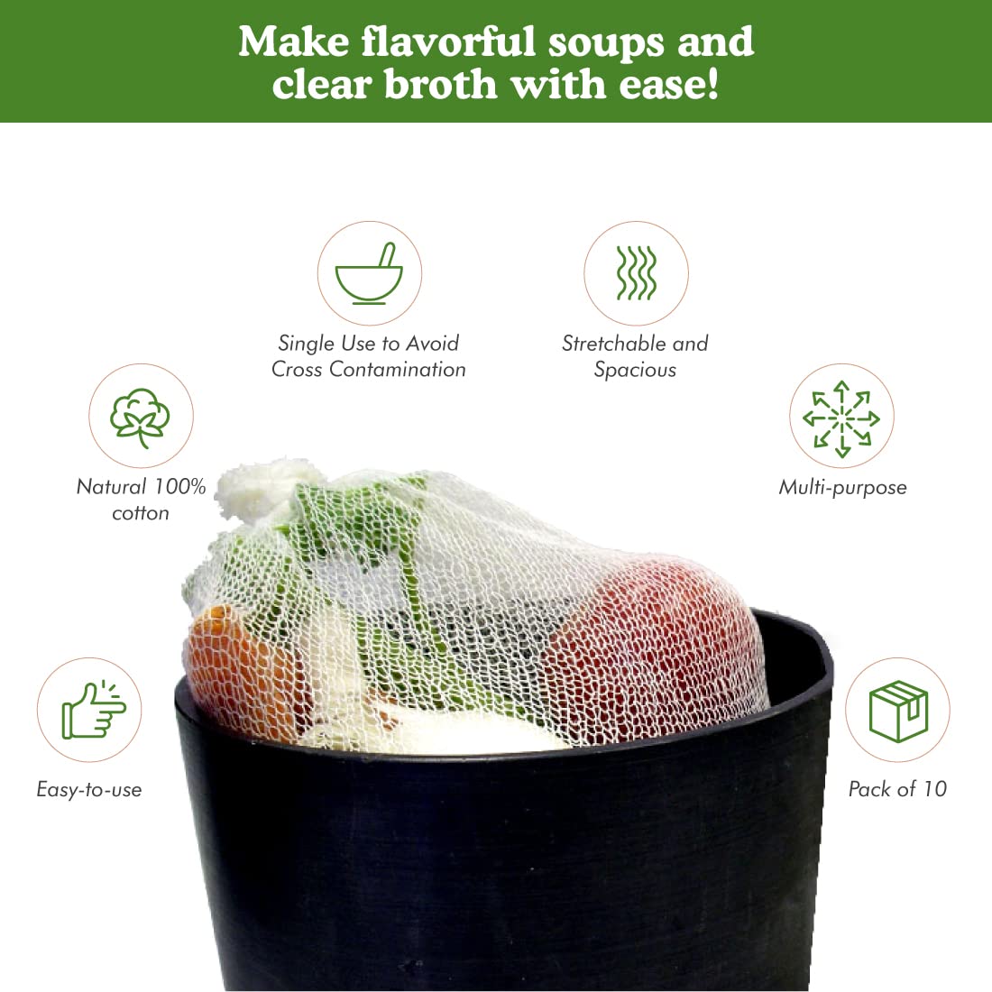Regency Wraps, Soup Sock, Cotton Mesh Bags for Making Clear Flavorful Broth and Soups, Natural 100% Cotton, Measures 24 inches, Pack of 10
