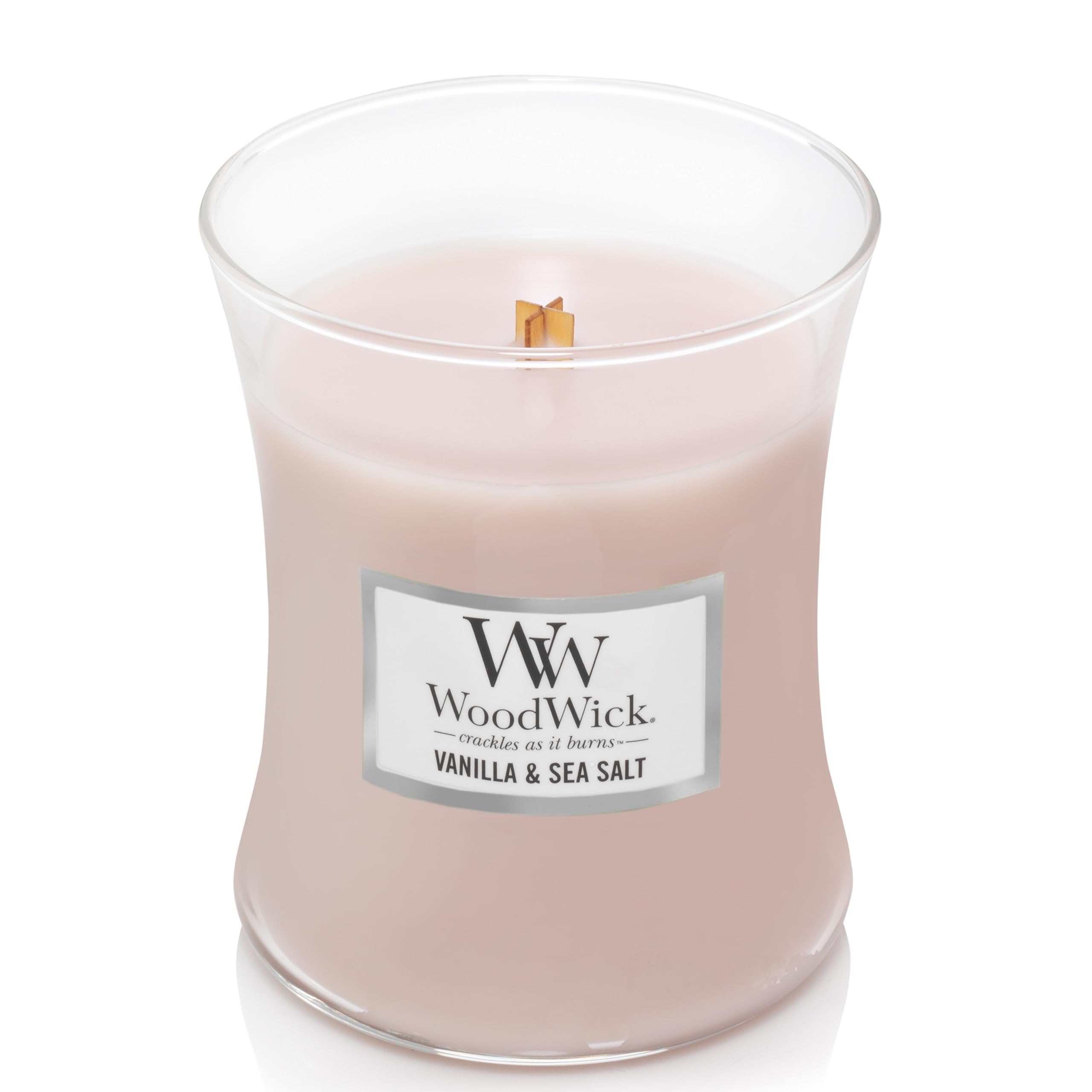 WoodWick Medium Hourglass Candle, Vanilla Sea Salt - Premium Soy Blend Wax, Pluswick Innovation Wood Wick, Made in USA