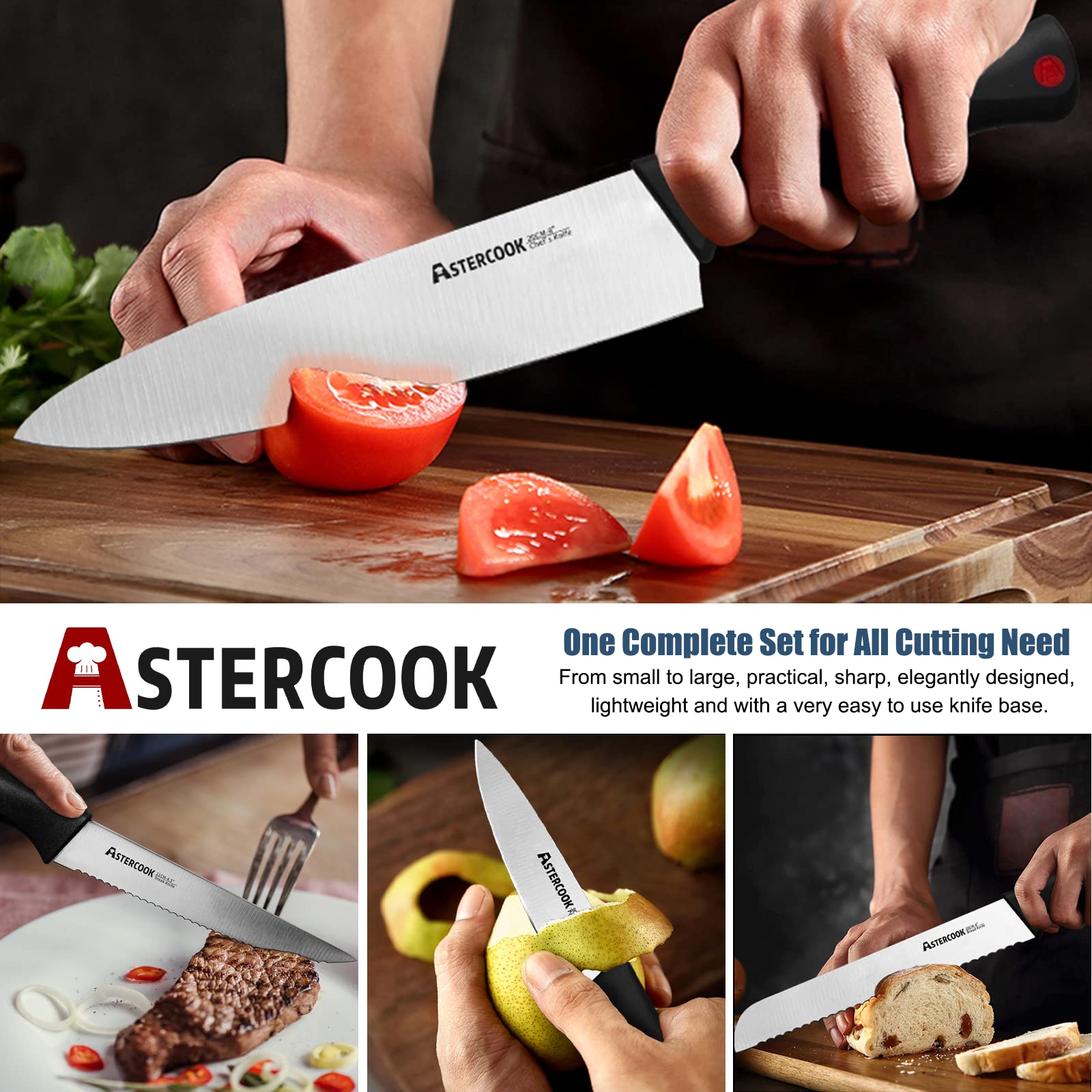 Astercook 15-Piece Knife Set with Built-in Sharpener, Dishwasher Safe High Carbon Stainless Steel Knives and Steak Knives, Black