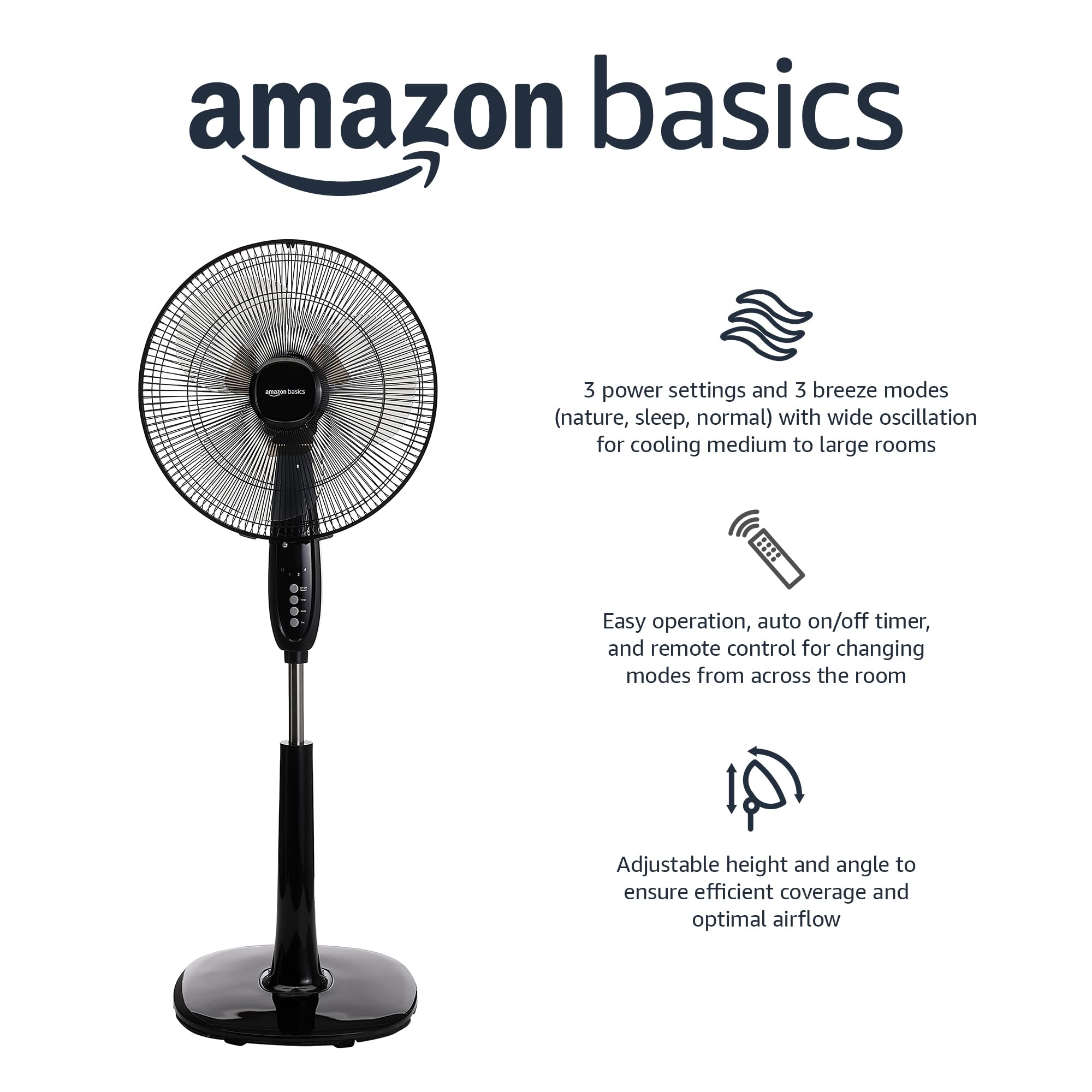 Amazon Basics Oscillating Dual Blade Standing Pedestal Fan with Remote, 16-Inch, Black